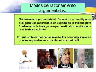 Modos de razonamiento
             argumentativo
  Razonamiento por autoridad: Se recurre al prestigio de
  que goza una autoridad o un experto en la materia para
  fundamentar la tesis, ya sea por medio de una cita o una
  reseña de su opinión.

¿En qué ámbitos del conocimiento los personajes que se
  presentan pueden ser considerados autoridad?
 