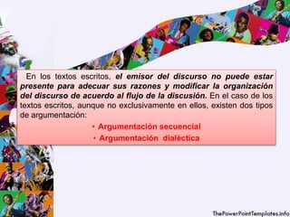 En los textos escritos, el emisor del discurso no puede estar
presente para adecuar sus razones y modificar la organización
del discurso de acuerdo al flujo de la discusión. En el caso de los
textos escritos, aunque no exclusivamente en ellos, existen dos tipos
de argumentación:
• Argumentación secuencial
• Argumentación dialéctica
 