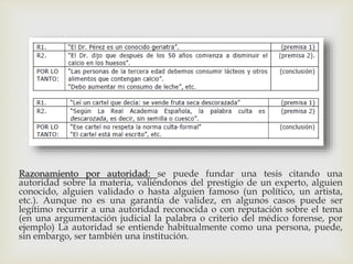 
Razonamiento por autoridad: se puede fundar una tesis citando una
autoridad sobre la materia, valiéndonos del prestigio de un experto, alguien
conocido, alguien validado o hasta alguien famoso (un político, un artista,
etc.). Aunque no es una garantía de validez, en algunos casos puede ser
legítimo recurrir a una autoridad reconocida o con reputación sobre el tema
(en una argumentación judicial la palabra o criterio del médico forense, por
ejemplo) La autoridad se entiende habitualmente como una persona, puede,
sin embargo, ser también una institución.
 