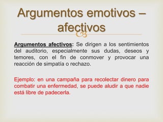 
Argumentos afectivos: Se dirigen a los sentimientos
del auditorio, especialmente sus dudas, deseos y
temores, con el fin de conmover y provocar una
reacción de simpatía o rechazo.
Ejemplo: en una campaña para recolectar dinero para
combatir una enfermedad, se puede aludir a que nadie
está libre de padecerla.
Argumentos emotivos –
afectivos
 