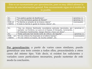
Por generalización: a partir de varios casos similares, puedo
generalizar una tesis común a todos ellos, proyectándola a otros
casos del mismo tipo. Vale decir, si existen los suficientes y
variados casos particulares necesarios, puedo sustentar de este
modo la conclusión.
Este es un razonamiento por aproximación, pues es muy difícil afirmar la
certeza de una información general. Este razonamiento sigue en el ámbito de
lo posible.
 