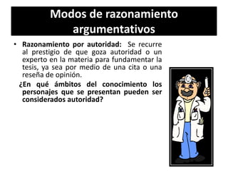 Modos de razonamiento argumentativosRazonamiento por autoridad:  Se recurre al prestigio de que goza autoridad o un experto en la materia para fundamentar la tesis, ya sea por medio de una cita o una reseña de opinión.    ¿En qué ámbitos del conocimiento los personajes que se presentan pueden ser considerados autoridad? 