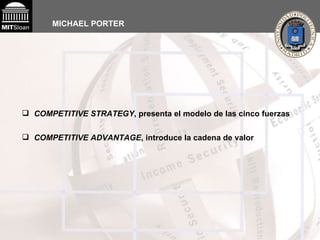 MICHAEL PORTER COMPETITIVE STRATEGY , presenta el modelo de las cinco fuerzas  COMPETITIVE ADVANTAGE , introduce la cadena de valor 