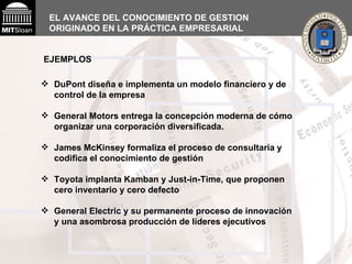 EL AVANCE DEL CONOCIMIENTO DE GESTION ORIGINADO EN LA PRÁCTICA EMPRESARIAL DuPont diseña e implementa un modelo financiero y de control de la empresa  General Motors entrega la concepción moderna de cómo organizar una corporación diversificada.  James McKinsey formaliza el proceso de consultaría y codifica el conocimiento de gestión Toyota implanta Kamban y Just-in-Time, que proponen cero inventario y cero defecto  General Electric y su permanente proceso de innovación y una asombrosa producción de líderes ejecutivos   EJEMPLOS   