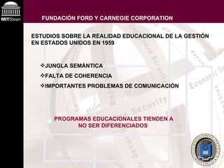 FUNDACIÓN FORD Y CARNEGIE CORPORATION ESTUDIOS SOBRE LA REALIDAD EDUCACIONAL DE LA GESTIÓN EN ESTADOS UNIDOS EN 1959 JUNGLA SEMÁNTICA FALTA DE COHERENCIA IMPORTANTES PROBLEMAS DE COMUNICACIÓN PROGRAMAS EDUCACIONALES TIENDEN A NO SER DIFERENCIADOS   