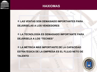 HAXIOMAS LAS VENTAS SON DEMASIADO IMPORTANTES PARA DEJÁRSELAS A LOS VENDEDORES LA TECNOLOGÍA ES DEMASIADO IMPORTANTE PARA DEJÁRSELA A LOS “TECHIES” LA M ÉTRICA MÁS IMPORTANTE DE LA CAPACIDAD ESTRATÉGICA DE LA EMPRESA ES EL FLUJO NETO DE TALENTO 
