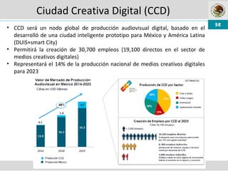 Ciudad Creativa Digital (CCD)
• CCD será un nodo global de producción audiovisual digital, basado en el
desarrolló de una ciudad inteligente prototipo para México y América Latina
(DUIS+smart City)
• Permitirá la creación de 30,700 empleos (19,100 directos en el sector de
medios creativos digitales)
• Representará el 14% de la producción nacional de medios creativos digitales
para 2023
 