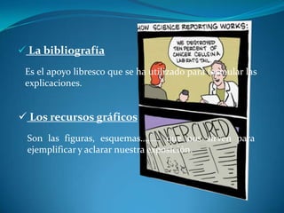  La bibliografíaEs el apoyo libresco que se ha utilizado para formular las explicaciones. Los recursos gráficosSon las figuras, esquemas……… que nos sirven para ejemplificar y aclarar nuestra exposición.