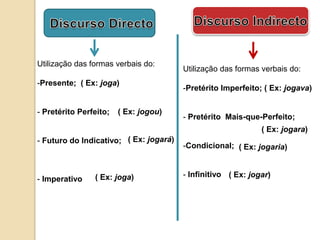 Utilização das formas verbais do:Presente;  ( Ex: joga)