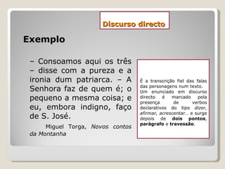 Discurso directo Exemplo –  Consoamos aqui os três – disse com a pureza e a ironia dum patriarca. – A Senhora faz de quem é; o pequeno a mesma coisa; e eu, embora indigno, faço de S. José. Miguel Torga,  Novos contos da Montanha É a transcrição fiel das falas das personagens num texto. Um enunciado em discurso directo é marcado pela presença de verbos declarativos do tipo  dizer, afirmar, acrescentar…  e surge depois de  dois pontos ,  parágrafo  e  travessão .  