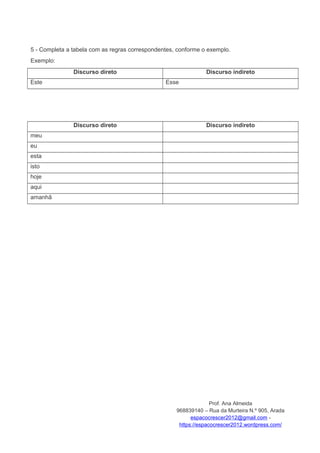5 - Completa a tabela com as regras correspondentes, conforme o exemplo.
Exemplo:
Discurso direto Discurso indireto
Este Esse
Discurso direto Discurso indireto
meu
eu
esta
isto
hoje
aqui
amanhã
Prof. Ana Almeida
968839140 – Rua da Murteira N.º 905, Arada
espacocrescer2012@gmail.com -
https://espacocrescer2012.wordpress.com/
 
