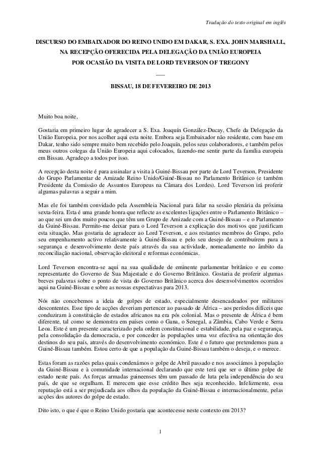 Tradução do texto original em inglêsDISCURSO DO EMBAIXADOR DO REINO UNIDO EM DAKAR, S. EXA. JOHN MARSHALL,         NA RECE...