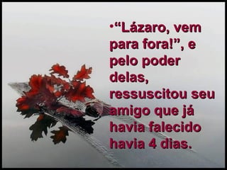 “ Lázaro, vem para fora!”, e pelo poder delas, ressuscitou seu amigo que já havia falecido havia 4 dias. 