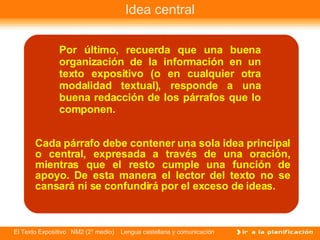 Idea central Por último, recuerda que una buena organización de la información en un texto expositivo (o en cualquier otra modalidad textual), responde a una buena redacción de los párrafos que lo componen. Cada párrafo debe contener una sola idea principal o central, expresada a través de una oración, mientras que el resto cumple una función de apoyo. De esta manera el lector del texto no se cansará ni se confundirá por el exceso de ideas. 