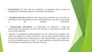  Comparación: En este caso los contenidos se organizan sobre la base de
semejanzas y diferencias entre los contenidos contrastados.
 - Problema-solución: Mediante este esquema se presenta, por una parte, la
información que corresponde a uno o varios problemas, y por otra, la que alude
a las posibles soluciones.
 - Enumeración descriptiva: la información se presenta a modo de
enumeración de elementos con el fin de describir o caracterizar el asunto del
cual se está hablando.
 Ejemplo: "La habitación estaba decorada por una mesa de luz pequeña, una
cama que dejaba ver el paso del tiempo, uno de esos armarios antiguos que
solo se encuentran en los anticuarios, un sillón desvencijado y una repisa con
los libros encuadernados en cuero." En este ejemplo se describe el decorado
de la habitación exponiendo un elemento tras otro.
 