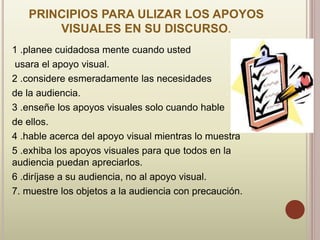 PRINCIPIOS PARA ULIZAR LOS APOYOS
VISUALES EN SU DISCURSO.
1 .planee cuidadosa mente cuando usted
usara el apoyo visual.
2 .considere esmeradamente las necesidades
de la audiencia.
3 .enseñe los apoyos visuales solo cuando hable
de ellos.
4 .hable acerca del apoyo visual mientras lo muestra
5 .exhiba los apoyos visuales para que todos en la
audiencia puedan apreciarlos.
6 .diríjase a su audiencia, no al apoyo visual.
7. muestre los objetos a la audiencia con precaución.
 