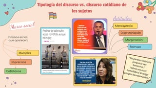 Tipología del discurso vs. discurso cotidiano de
los sujetos
Formas en las
que aparecen:
Multiples
Imprecisas
Cotidianas
Menosprecio
Discriminación
Marginación
Rechazo
Marco social
Actitudes:
“No pareces lesbiana
porque te ves
femenina…”
“Cómo voy a ser
homofóbico si tengo
amigos homosexuales...”
 