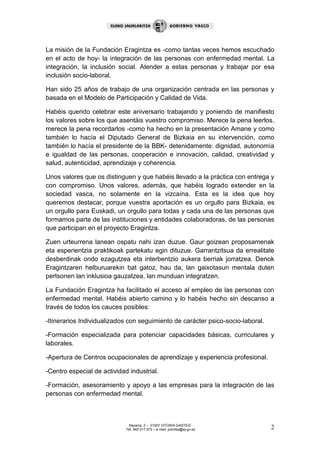 Discurso del lehendakari - 25 aniversario Fundación Eragintza | PDF