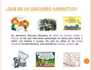 Se denomina Discurso Narrativo al relato de hechos reales o
ficticios en los que intervienen personajes se utiliza para contar o
referir una historia o suceso. No solo se utiliza en los textos
narrativos de tipo literarios, sino también en noticias, chistes, etc.
 