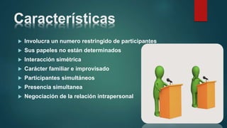 Características
 Involucra un numero restringido de participantes
 Sus papeles no están determinados
 Interacción simétrica
 Carácter familiar e improvisado
 Participantes simultáneos
 Presencia simultanea
 Negociación de la relación intrapersonal
 