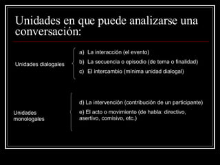 Unidades en que puede analizarse una conversación: Unidades dialogales La interacción (el evento) La secuencia o episodio (de tema o finalidad) El intercambio (mínima unidad dialogal) Unidades monologales d) La intervención (contribución de un participante) e) El acto o movimiento (de habla: directivo, asertivo, comisivo, etc.) 