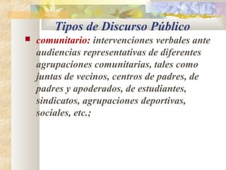 Tipos de Discurso Público
   comunitario: intervenciones verbales ante
    audiencias representativas de diferentes
    agrupaciones comunitarias, tales como
    juntas de vecinos, centros de padres, de
    padres y apoderados, de estudiantes,
    sindicatos, agrupaciones deportivas,
    sociales, etc.;
 