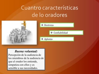  Destreza
 Confiabilidad
 Aplomo
Buena voluntad:
Percepción de la audiencia de
los miembros de la audiencia de
que el orador los entiende,
simpatiza con ellos y es
sensible a sus necesidades.
 