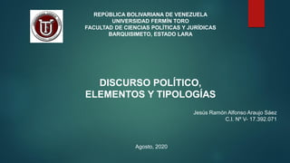 REPÚBLICA BOLIVARIANA DE VENEZUELA
UNIVERSIDAD FERMÍN TORO
FACULTAD DE CIENCIAS POLÍTICAS Y JURÍDICAS
BARQUISIMETO, ESTADO LARA
DISCURSO POLÍTICO,
ELEMENTOS Y TIPOLOGÍAS
Jesús Ramón Alfonso Araujo Sáez
C.I. Nº V- 17.392.071
Agosto, 2020
 