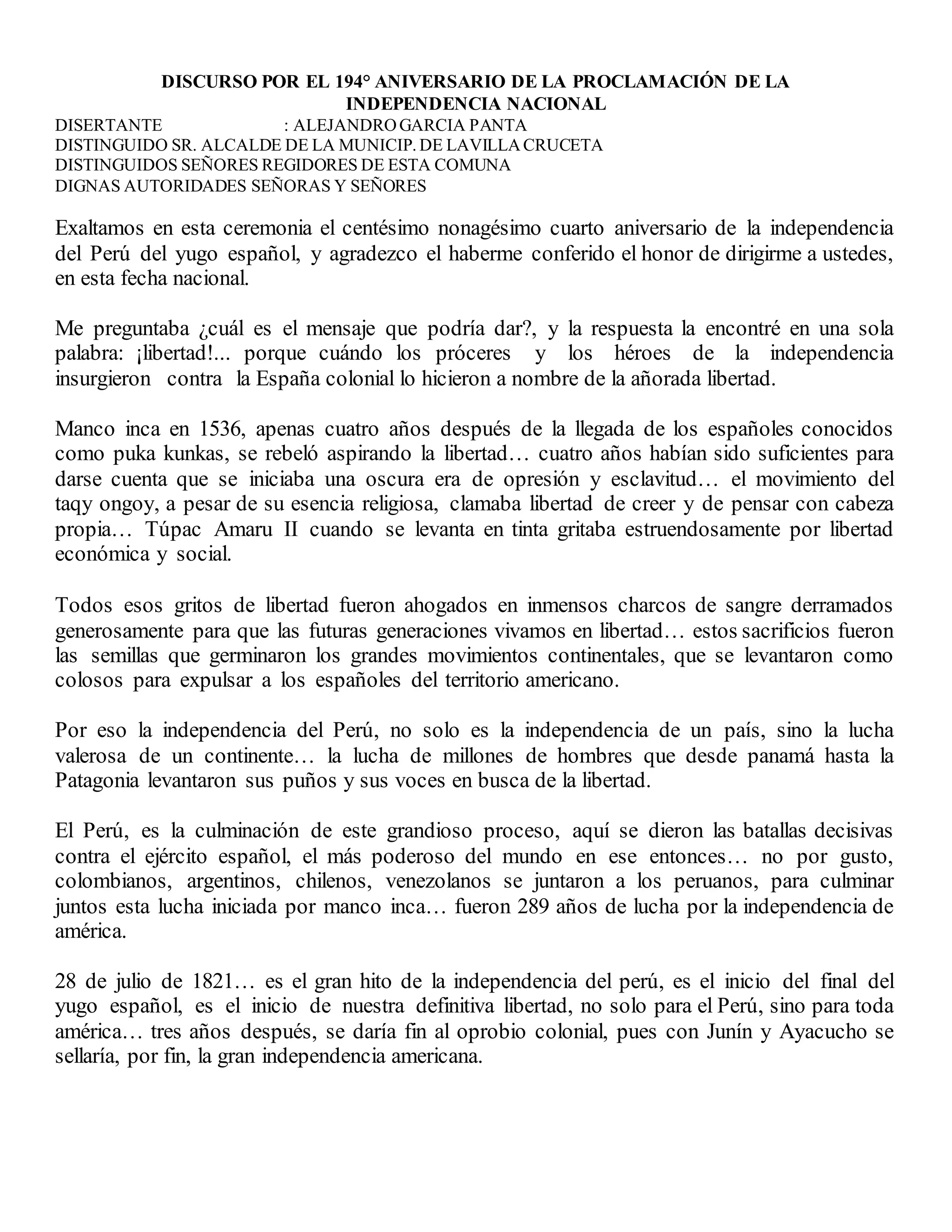 Discurso por el 194 de independencia peru | DOCX
