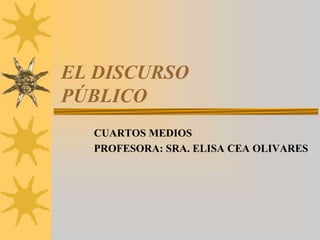 EL DISCURSO
PÚBLICO
  CUARTOS MEDIOS
  PROFESORA: SRA. ELISA CEA OLIVARES
 