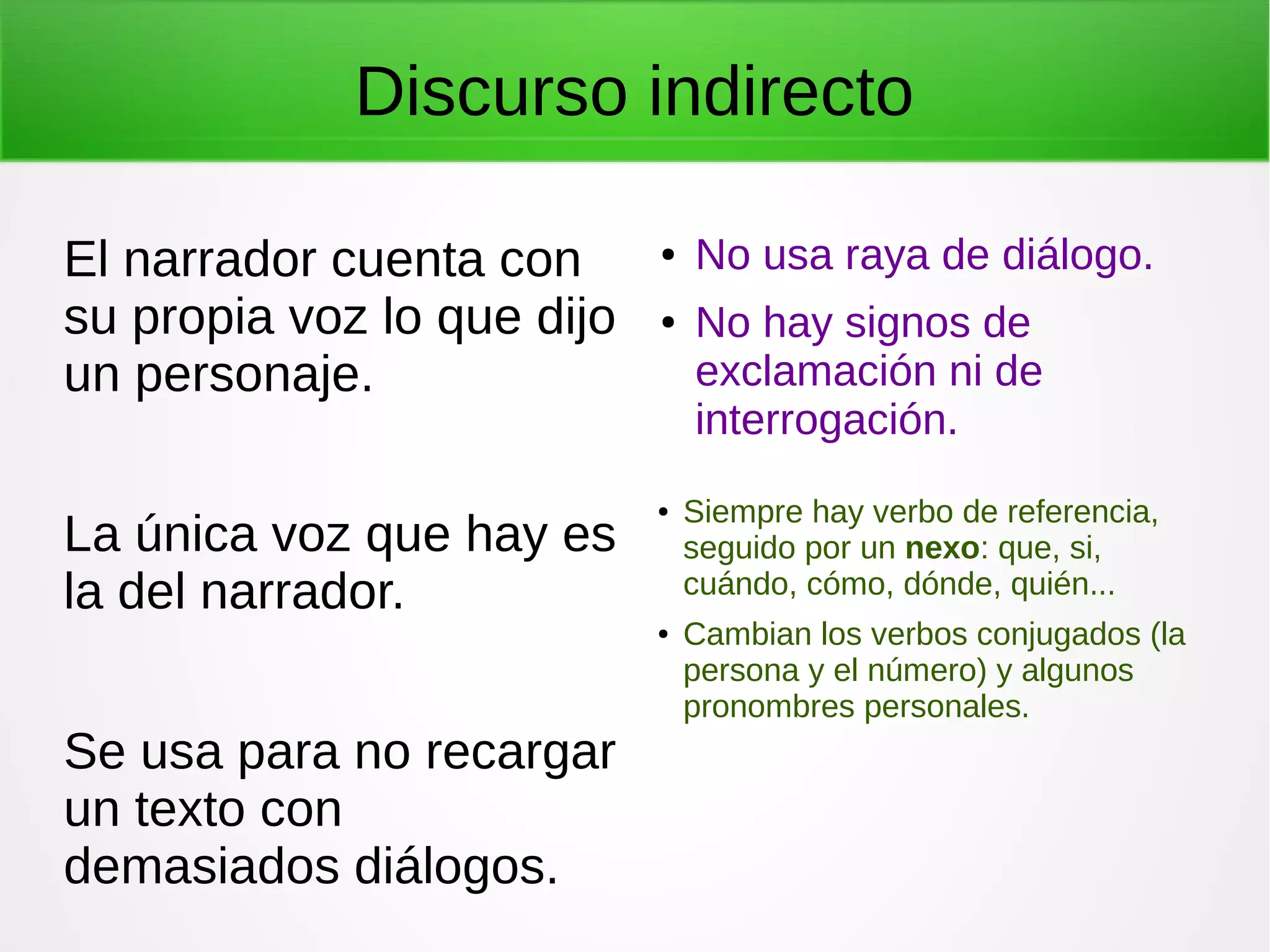 Discurso indirecto
El narrador cuenta con
su propia voz lo que dijo
un personaje.
La única voz que hay es
la del narrador.
Se usa para no recargar
un texto con
demasiados diálogos.
● No usa raya de diálogo.
● No hay signos de
exclamación ni de
interrogación.
● Siempre hay verbo de referencia,
seguido por un nexo: que, si,
cuándo, cómo, dónde, quién...
● Cambian los verbos conjugados (la
persona y el número) y algunos
pronombres personales.
 