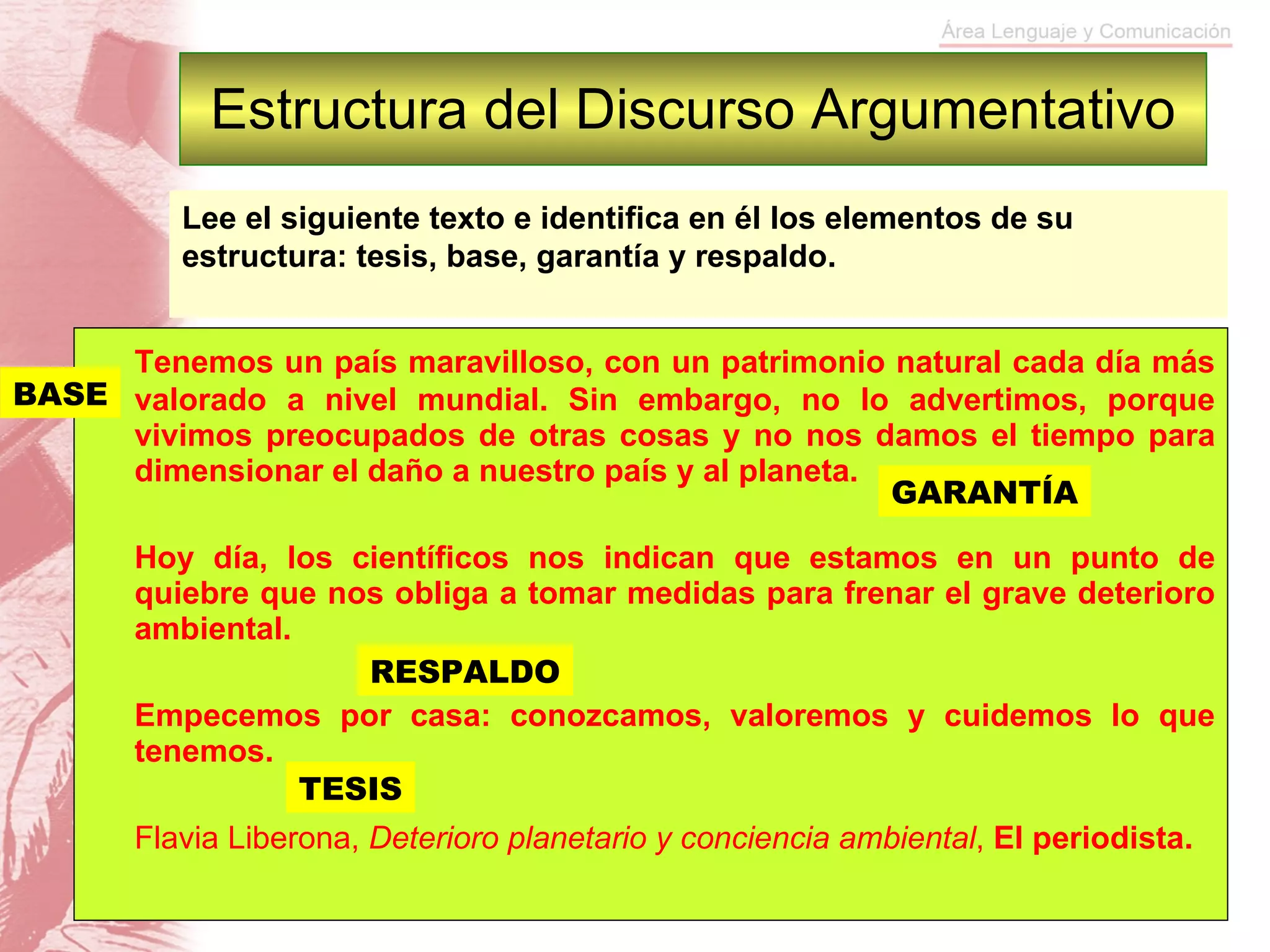 Estructura del Discurso Argumentativo Tenemos un país maravilloso, con un patrimonio natural cada día más valorado a nivel mundial. Sin embargo, no lo advertimos, porque vivimos preocupados de otras cosas y no nos damos el tiempo para dimensionar el daño a nuestro país y al planeta. Hoy día, los científicos nos indican que estamos en un punto de quiebre que nos obliga a tomar medidas para frenar el grave deterioro ambiental. Empecemos por casa: conozcamos, valoremos y cuidemos lo que tenemos. Flavia Liberona,  Deterioro planetario y conciencia ambiental ,  El periodista. Lee el siguiente texto e identifica en él los elementos de su estructura: tesis, base, garantía y respaldo. TESIS RESPALDO GARANTÍA BASE 