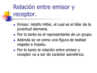 Relación entre emisor y
receptor.







Emisor: Adolfo Hitler, el cual es el líder de la
juventud alemana.
Por lo tanto es el representante de un grupo.
Además se ve como una figura de lealtad
respeto e ímpetu.
Por lo tanto la relación entre emisor y
receptor va a ser de carácter asimétrico.

 