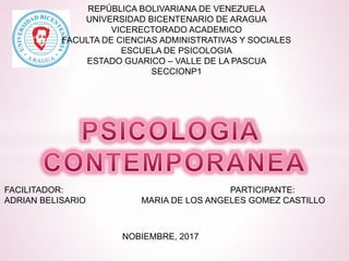 REPÚBLICA BOLIVARIANA DE VENEZUELA
UNIVERSIDAD BICENTENARIO DE ARAGUA
VICERECTORADO ACADEMICO
FACULTA DE CIENCIAS ADMINISTRATIVAS Y SOCIALES
ESCUELA DE PSICOLOGIA
ESTADO GUARICO – VALLE DE LA PASCUA
SECCIONP1
FACILITADOR: PARTICIPANTE:
ADRIAN BELISARIO MARIA DE LOS ANGELES GOMEZ CASTILLO
NOBIEMBRE, 2017
 