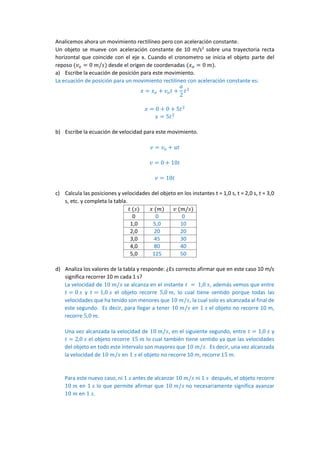 Hugo Vizcarra Valencia
Analicemos ahora un movimiento rectilíneo pero con aceleración constante.
Un objeto se mueve con aceleración constante de 10 m/s2
sobre una trayectoria recta
horizontal que coincide con el eje x. Cuando el cronometro se inicia el objeto parte del
reposo (𝑣 𝑜 = 0 𝑚/𝑠) desde el origen de coordenadas (𝑥 𝑜 = 0 𝑚).
a) Escribe la ecuación de posición para este movimiento.
La ecuación de posición para un movimiento rectilíneo con aceleración constante es:
𝑥 = 𝑥 𝑜 + 𝑣 𝑜 𝑡 +
𝑎
2
𝑡2
𝑥 = 0 + 0 + 5𝑡2
𝑥 = 5𝑡2
b) Escribe la ecuación de velocidad para este movimiento.
𝑣 = 𝑣 𝑜 + 𝑎𝑡
𝑣 = 0 + 10𝑡
𝑣 = 10𝑡
c) Calcula las posiciones y velocidades del objeto en los instantes t = 1,0 s, t = 2,0 s, t = 3,0
s, etc. y completa la tabla.
𝑡 (𝑠) 𝑥 (𝑚) 𝑣 (𝑚/𝑠)
0 0 0
1,0 5,0 10
2,0 20 20
3,0 45 30
4,0 80 40
5,0 125 50
d) Analiza los valores de la tabla y responde: ¿Es correcto afirmar que en este caso 10 m/s
significa recorrer 10 m cada 1 s?
La velocidad de 10 𝑚/𝑠 se alcanza en el instante 𝑡 = 1,0 𝑠, además vemos que entre
𝑡 = 0 𝑠 y 𝑡 = 1,0 𝑠 el objeto recorre 5,0 𝑚, lo cual tiene sentido porque todas las
velocidades que ha tenido son menores que 10 𝑚/𝑠, la cual solo es alcanzada al final de
este segundo. Es decir, para llegar a tener 10 𝑚/𝑠 en 1 𝑠 el objeto no recorre 10 m,
recorre 5,0 𝑚.
Una vez alcanzada la velocidad de 10 𝑚/𝑠, en el siguiente segundo, entre 𝑡 = 1,0 𝑠 y
𝑡 = 2,0 𝑠 el objeto recorre 15 𝑚 lo cual también tiene sentido ya que las velocidades
del objeto en todo este intervalo son mayores que 10 𝑚/𝑠. Es decir, una vez alcanzada
la velocidad de 10 𝑚/𝑠 en 1 𝑠 el objeto no recorre 10 m, recorre 15 𝑚.
Para este nuevo caso, ni 1 𝑠 antes de alcanzar 10 𝑚/𝑠 ni 1 𝑠 después, el objeto recorre
10 𝑚 en 1 𝑠 lo que permite afirmar que 10 𝑚/𝑠 no necesariamente significa avanzar
10 𝑚 en 1 𝑠.
 