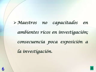  Maestros   no      capacitados   en

 ambientes ricos en investigación;

 consecuencia poca exposición a

 la investigación.
 