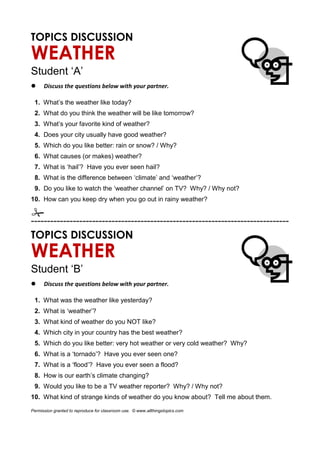 TOPICS DISCUSSION
WEATHER
Student ‘A’
 Discuss the questions below with your partner.
1. What’s the weather like today?
2. What do you think the weather will be like tomorrow?
3. What’s your favorite kind of weather?
4. Does your city usually have good weather?
5. Which do you like better: rain or snow? / Why?
6. What causes (or makes) weather?
7. What is ‘hail’? Have you ever seen hail?
8. What is the difference between ‘climate’ and ‘weather’?
9. Do you like to watch the ‘weather channel’ on TV? Why? / Why not?
10. How can you keep dry when you go out in rainy weather?

--------------------------------------------------------------------------------
TOPICS DISCUSSION
WEATHER
Student ‘B’
 Discuss the questions below with your partner.
1. What was the weather like yesterday?
2. What is ‘weather’?
3. What kind of weather do you NOT like?
4. Which city in your country has the best weather?
5. Which do you like better: very hot weather or very cold weather? Why?
6. What is a ‘tornado’? Have you ever seen one?
7. What is a ‘flood’? Have you ever seen a flood?
8. How is our earth’s climate changing?
9. Would you like to be a TV weather reporter? Why? / Why not?
10. What kind of strange kinds of weather do you know about? Tell me about them.
Permission granted to reproduce for classroom use. © www.allthingstopics.com
 