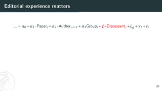 Editorial experience matters
... = α0 +α1 ·Paperi +α2 ·Authori,t−1 +α3Groupi +β·Discussanti +ζg +γt +²i
20
 