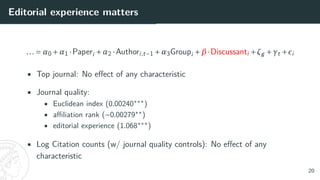 Editorial experience matters
... = α0 +α1 ·Paperi +α2 ·Authori,t−1 +α3Groupi +β·Discussanti +ζg +γt +²i
• Top journal: No effect of any characteristic
• Journal quality:
• Euclidean index (0.00240∗∗∗
)
• affiliation rank (−0.00279∗∗
)
• editorial experience (1.068∗∗∗
)
• Log Citation counts (w/ journal quality controls): No effect of any
characteristic
20
 