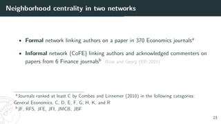 Neighborhood centrality in two networks
• Formal network linking authors on a paper in 370 Economics journalsa
• Informal network (CoFE) linking authors and acknowledged commenters on
papers from 6 Finance journalsb Rose and Georg (RP 2021)
aJournals ranked at least C by Combes and Linnemer (2010) in the following categories:
General Economics, C, D, E, F, G, H, K, and R
bJF, RFS, JFE, JFI, JMCB, JBF
23
 