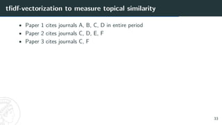 tfidf-vectorization to measure topical similarity
• Paper 1 cites journals A, B, C, D in entire period
• Paper 2 cites journals C, D, E, F
• Paper 3 cites journals C, F
33
 