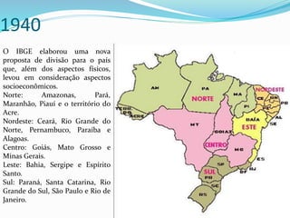 1940
O IBGE elaborou uma nova
proposta de divisão para o país
que, além dos aspectos físicos,
levou em consideração aspectos
socioeconômicos.
Norte: Amazonas, Pará,
Maranhão, Piauí e o território do
Acre.
Nordeste: Ceará, Rio Grande do
Norte, Pernambuco, Paraíba e
Alagoas.
Centro: Goiás, Mato Grosso e
Minas Gerais.
Leste: Bahia, Sergipe e Espírito
Santo.
Sul: Paraná, Santa Catarina, Rio
Grande do Sul, São Paulo e Rio de
Janeiro.
 