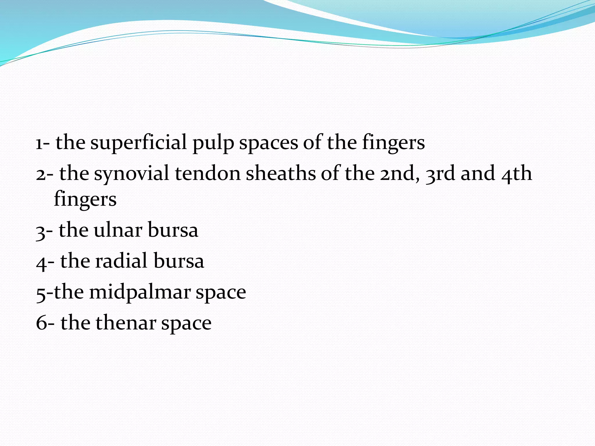 1- the superficial pulp spaces of the fingers
2- the synovial tendon sheaths of the 2nd, 3rd and 4th
fingers
3- the ulnar bursa
4- the radial bursa
5-the midpalmar space
6- the thenar space
 
