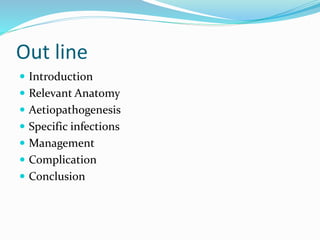Out line
 Introduction
 Relevant Anatomy
 Aetiopathogenesis
 Specific infections
 Management
 Complication
 Conclusion
 