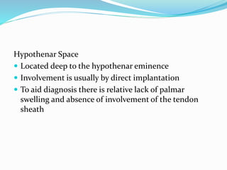 Hypothenar Space
 Located deep to the hypothenar eminence
 Involvement is usually by direct implantation
 To aid diagnosis there is relative lack of palmar
swelling and absence of involvement of the tendon
sheath
 