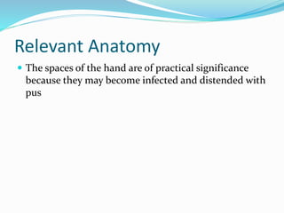 Relevant Anatomy
 The spaces of the hand are of practical significance
because they may become infected and distended with
pus
 