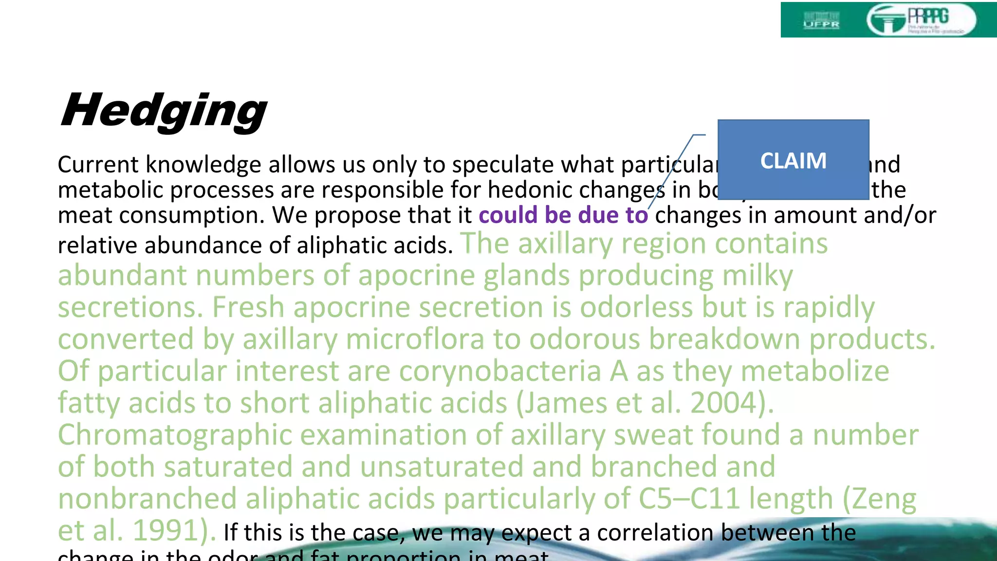 Hedging
Current knowledge allows us only to speculate what particular compounds and
metabolic processes are responsible for hedonic changes in body odor after the
meat consumption. We propose that it could be due to changes in amount and/or
relative abundance of aliphatic acids. The axillary region contains
abundant numbers of apocrine glands producing milky
secretions. Fresh apocrine secretion is odorless but is rapidly
converted by axillary microflora to odorous breakdown products.
Of particular interest are corynobacteria A as they metabolize
fatty acids to short aliphatic acids (James et al. 2004).
Chromatographic examination of axillary sweat found a number
of both saturated and unsaturated and branched and
nonbranched aliphatic acids particularly of C5–C11 length (Zeng
et al. 1991). If this is the case, we may expect a correlation between the
CLAIM
 