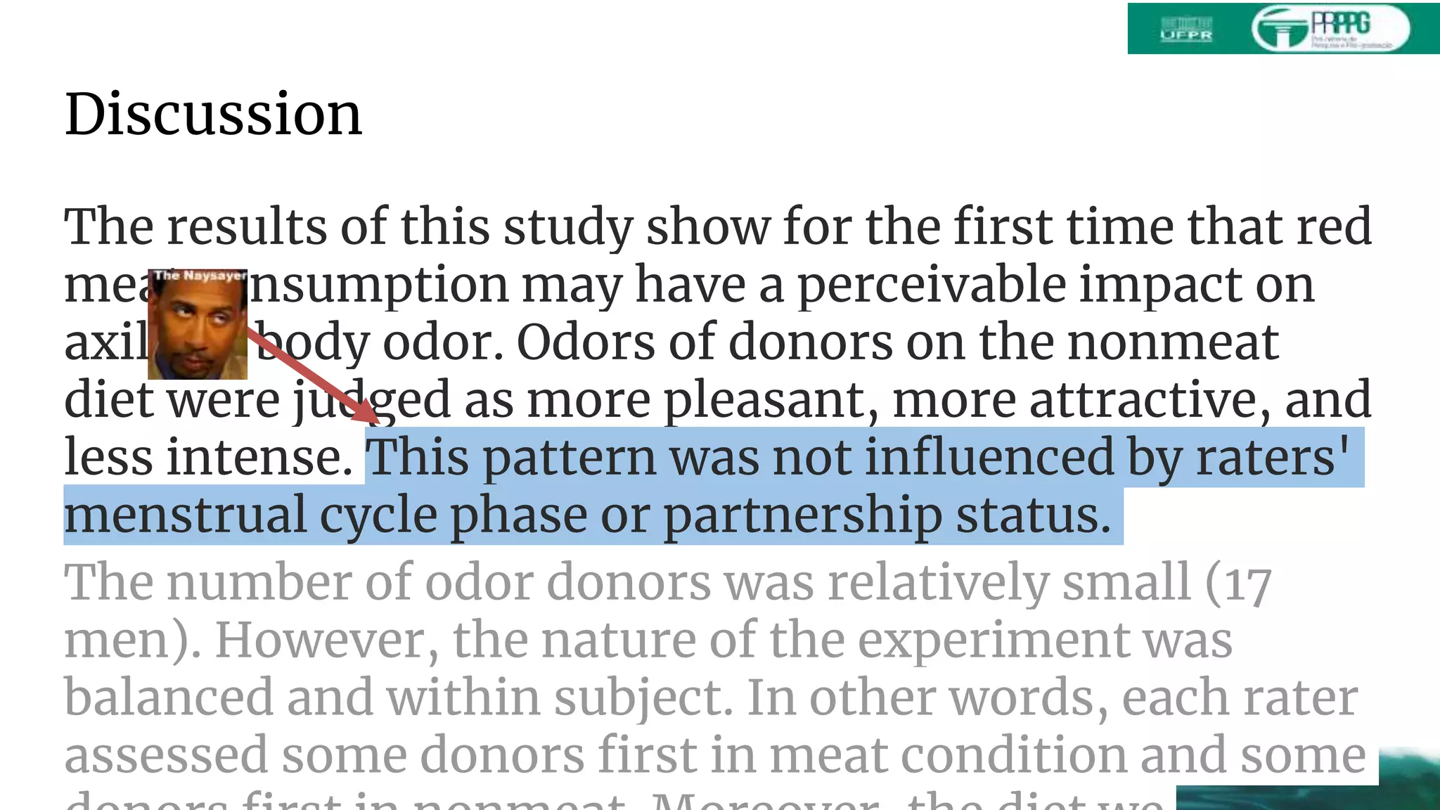 Discussion
The results of this study show for the first time that red
meat consumption may have a perceivable impact on
axillary body odor. Odors of donors on the nonmeat
diet were judged as more pleasant, more attractive, and
less intense. This pattern was not influenced by raters'
menstrual cycle phase or partnership status.
The number of odor donors was relatively small (17
men). However, the nature of the experiment was
balanced and within subject. In other words, each rater
assessed some donors first in meat condition and some
 