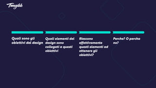 Quali sono gli
obiettivi del design
Quali elementi del
design sono
collegati a questi
obiettivi
Riescono
effettivamente
questi elementi ad
ottenere gli
obiettivi?
Perche? O percha
no?
 