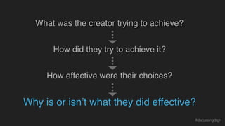 Why is or isn’t what they did effective?
What was the creator trying to achieve?
How did they try to achieve it?
How effective were their choices?
#discussingdsgn
 